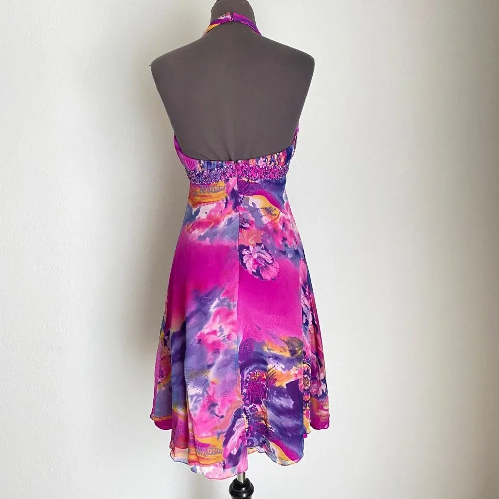 Cache sz 6 Halter 100% Silk backout v neck fit & flare midi cocktail dress - Picture 5 of 9